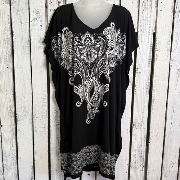 Unavailable-Kaftan Moomoo Dress One Size Black White Paisley V-Neck Swimsui - Picture 1 of 11